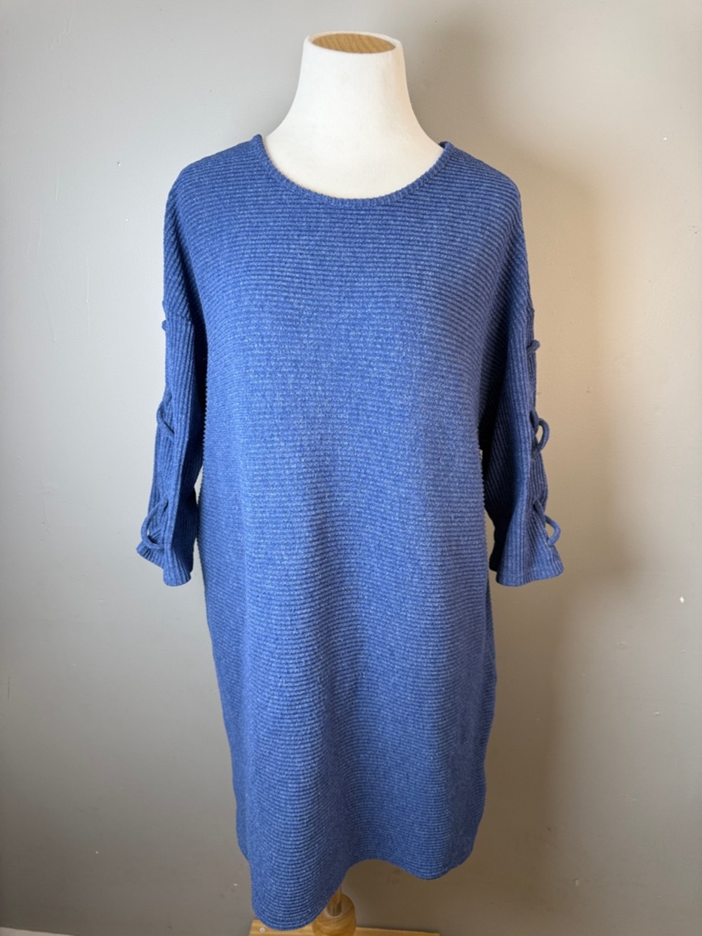 Blue Knit Sweater Dress with Tie Sleeve Detail